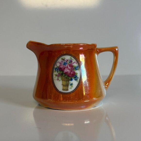 Eleanor Germany Orange Lusterware Porcelain Creamer Floral Design Vintage - Picture 1 of 8